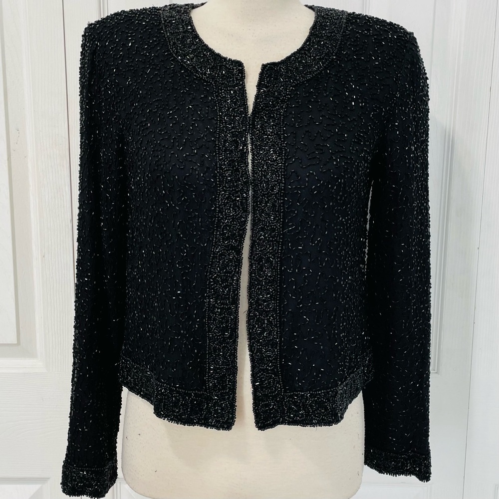 Vintage 1980s Laurence Kazar Black Heavily Beaded Blazer 100% Silk